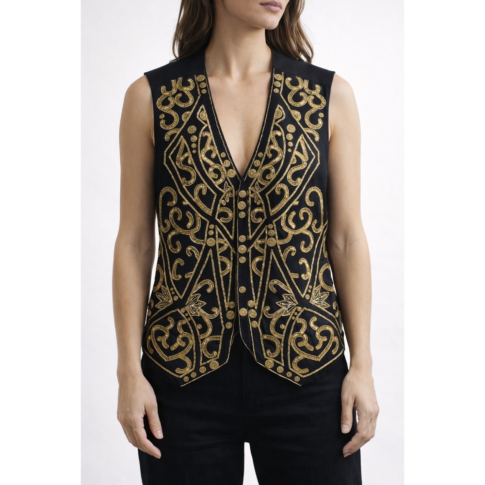 Women's Beaded Vest Size Medium  Black And‎ Gold Boho Festival Formal Theatrical